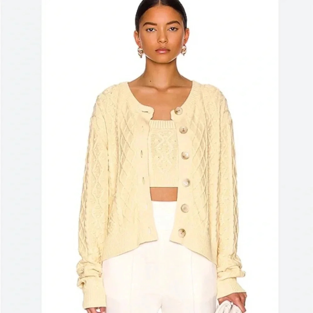 LouLou Studio Women's Scoop Neck Cable Knit Silk/Linen Cardigan Sweater. Size M
